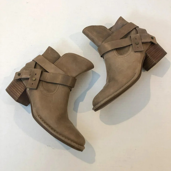 UGG Elora Tan Leather Buckle Almond Toe Bohemian Block Heel Ankle Booties 7 - Picture 6 of 12